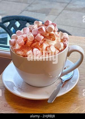 Tazza di cioccolata calda con panna montata e marshmallows Foto Stock
