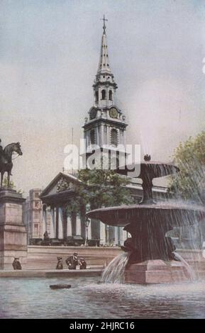 Trafalgar Square, sul sito del vecchio villaggio Charing, è stato disposto 1829-67. La chiesa è San Martino's-in-the-Fields. Londra (1923) Foto Stock