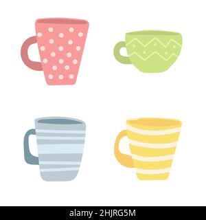 Tazze. Semplice disegno cartoon di tazze vettoriali su bianco. Set di icone disegnate a mano Illustrazione Vettoriale