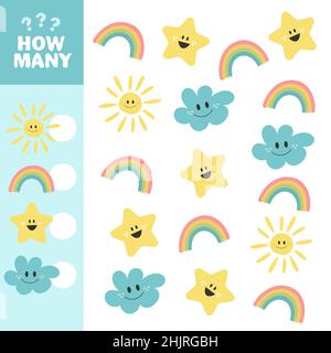 Gioco di conteggio per bambini prescolare. Istruzione un gioco matematico. Conta quante stelle, nuvole, sole e arcobaleni. Scrivere il risultato Illustrazione Vettoriale