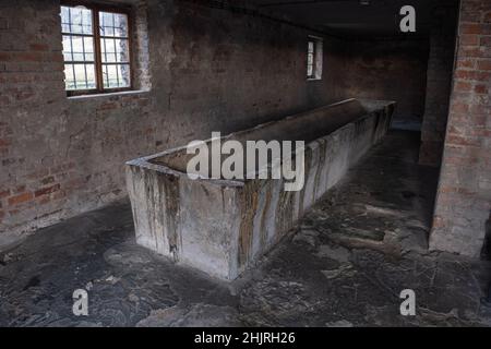 Rogoznica, Polonia - 15 gennaio 2022. Campo di concentramento e di lavoro Gross-Rosen (Rogoznica). Cucina del prigioniero. Sito commemorativo. Messa a fuoco selettiva. Inverno Foto Stock