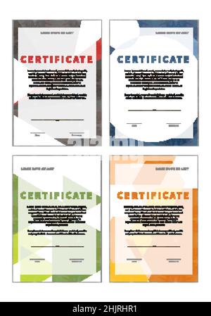 Set di quattro certificati moderni con guilloche, modello verticale, diploma bianco su bianco Illustrazione Vettoriale