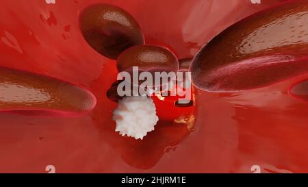 Emostasi. Globuli rossi e piastrine nel vaso sanguigno. Fasi di base del processo di guarigione delle ferite. illustrazione 3d Foto Stock