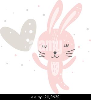 Carino valentine noodle ragazza bunny rosa disegnata a mano con illustrazione del cuore. Dolce coniglio carattere che tiene un cuore. Cartoon carattere baby vettore logo Illustrazione Vettoriale