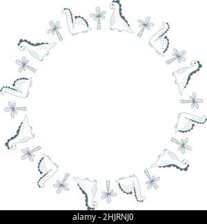 Corona circolare Vector con dinosauri e palme. Dino disegnato a mano con posto per il bambino il tuo testo su sfondo bianco. Biglietto d'auguri, poster Illustrazione Vettoriale