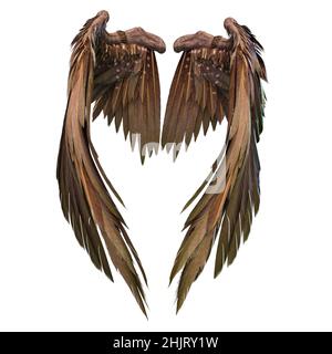 Coppia di ali d'angelo isolate con 3D piume su sfondo bianco, 3D Illustrazione, 3D rendering Foto Stock