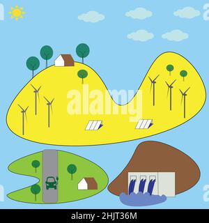 Metodi di energia rinnovabile come idroelettrica, turbine eoliche, fattoria solare, concetto di energia verde Illustrazione Vettoriale