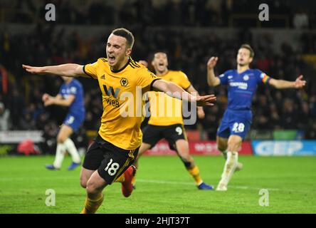 Il calciatore di lupi Diogo Jota celebra il traguardo Wolverhampton Wanderers contro Chelsea allo Stadio Molineux 16/09/2018 - English Premier League Foto Stock