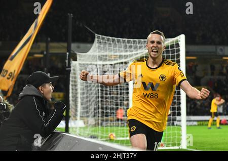 Il calciatore di lupi Diogo Jota celebra il traguardo Wolverhampton Wanderers contro Chelsea allo Stadio Molineux 16/09/2018 - English Premier League Foto Stock