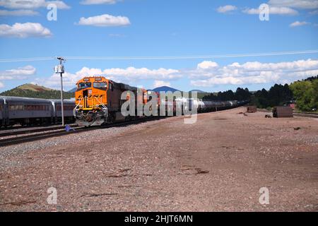 La locomotiva gialla di un treno storico che attraversa il Parco Nazionale del Grand Canyon in Arizona Foto Stock