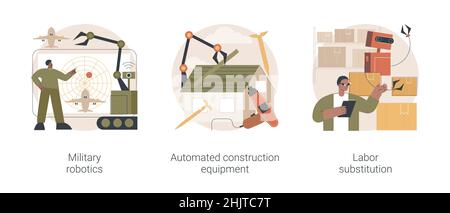 Intelligenza artificiale nel set di illustrazione vettoriale di concetto astratto dell'industria. Robotica militare, attrezzature per l'edilizia automatizzate, sostituzione del lavoro, macchinari intelligenti, metafora astratta della robotica. Illustrazione Vettoriale