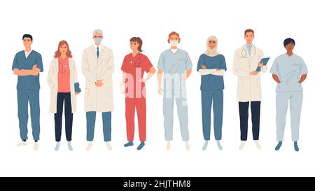 Medici, operatori medici, medici e infermieri. Rappresentanti di diverse specialità mediche. Illustrazione Vettoriale