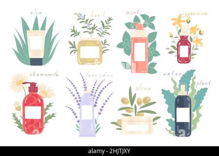 Vari tipi di cosmetici in diverse confezioni con ingredienti naturali. Illustrazione Vettoriale