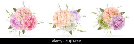 Bouquet di rose colorate per matrimoni, San Valentino, invito isolato su sfondo bianco Illustrazione Vettoriale