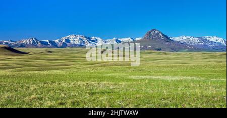 panorama di vaste praterie sotto il fronte roccioso di montagna e fiabola butte vicino augusta, montana Foto Stock