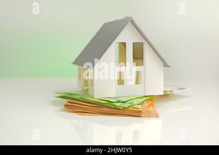 Acquisto e costruzione di una casa. Casa e soldi. Mercato immobiliare. Casa con tetto grigio su banconote in euro Foto Stock