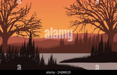 Vista realistica della foresta e delle montagne dal lago in serata. Vector illustrazione di una città Illustrazione Vettoriale