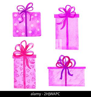 Acquerello a mano illsutrazione di rosa viola fucsia confezioni regalo. Luminoso compleanno lilla presenta festa sorpresa. Confezione Girly con cuori polka dot. Archi a nastro Foto Stock