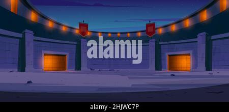 Antica arena romana per gladiatori combattere di notte. Illustrazione vettoriale di cartoni animati di anfiteatro Coliseum vuoto per la battaglia tra guerrieri. Dark arena di combattimento storico Illustrazione Vettoriale