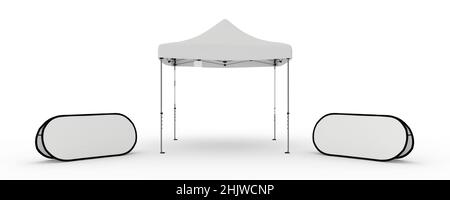 Mostra Gazebo Marquee Tent con un doppio lato pop-up Visualizza banner su entrambi i lati, isolato su bianco. 3D rappresentazione della scena di illustrazione. Foto Stock