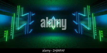 Verde Blu incandescente Sci Fi futuristico magazzino Hangar Spaceship realistico Showroom acciaio struttura in metallo Corridor Tunnel Dark Underground Laboratory 3D Re Foto Stock