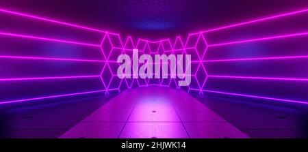 Galactic Alien Hangar Tunnel futuristico Hallway Cyberpunk Phantom Neon con Fuchsia Colors con Space for Products 3D Render Foto Stock