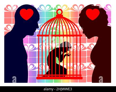 Padre e madre cercano di proteggere il loro amato bambino da qualsiasi tipo di dolore fisico, mentale o emotivo: La vita come vivere in una gabbia. Foto Stock