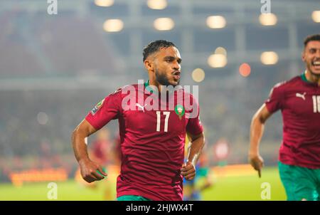 Yaoundé, Camerun, 18 gennaio 2022: Sofiane Boufal del Marocco celebra il loro primo gol durante il Marocco contro Gabon - Africa Cup of Nations allo stadio Ahmadou Ahidjo. Prezzo Kim/CSM. Foto Stock