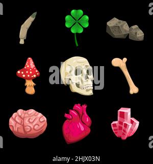 Witchcraft Set magico oggetto scull, cuore, cristallo, trifoglio, fungo, cervello, osso. Stile cartoon illustrazione vettoriale Illustrazione Vettoriale