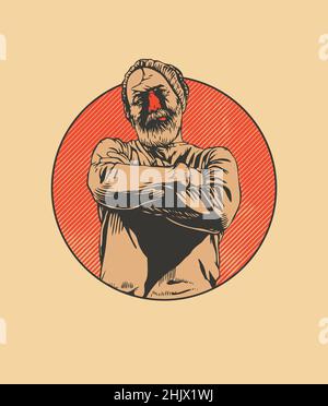 L'uomo bearded in un emblema rotondo. Illustrazione vettoriale. Illustrazione Vettoriale