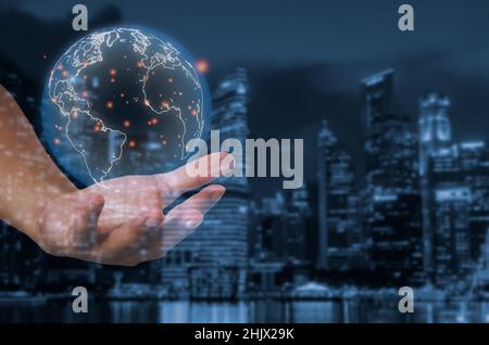Uomo d'affari che tocca la comunicazione globale di rete e lo scambio di dati mondo 3D rendering concept. Foto Stock