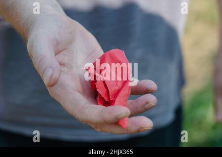 L'uomo adulto innervosly innesti un pezzo di carta rossa. Mani che tengono un pezzo di carta attorcigliato in una sfera. Stress emotivo. Movimento sfocato, sfocatura, nois Foto Stock