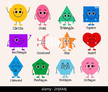 Forme geometriche per bambini. Set di simpatici emoji divertenti e brillanti con viso, braccia e gambe per bambini. Illustrazione vettoriale in stile trendy Illustrazione Vettoriale