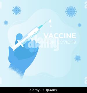 Vaccino COVID-19. Mano del medico in guanti medici che tengono la siringa con il vaccino. Nozione di vaccini per la prevenzione o la lotta contro il Coronavirus Illustrazione Vettoriale