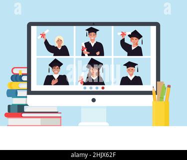 Laurea online durante il coronavirus Covid-19 pandemia. Un gruppo di giovani studenti laureati comunica tramite videoconferenza. Illustrazione Vettoriale
