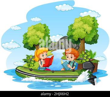 Scena della natura isolata con bambini su illustrazione della barca gonfiabile Illustrazione Vettoriale