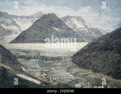 Il ghiacciaio di Aletsch glacier lago, con il lago Märjelensee, Aletschgletscher, o Grande Aletsch Glacie, è il più grande ghiacciaio delle Alpi, Svizzera, nell'anno 1888 / Der Aletschgletschersee mit dem Märjelensee, dem Aletschgletscher oder dem Grossen Aletschgletscher ist der grösste Gletscher der Alpen in der Schweiz im Jahr 1888, Historisch, digitale migliorata la riproduzione di un originale del XIX secolo / digitale Reproduktion einer Originalvorlage aus dem 19. Jahrhundert Foto Stock