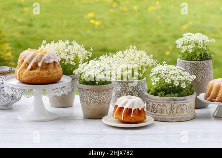 Torte pasquali tradizionali, bellissimi fiori primaverili e decorazioni fatte a mano con muschio e uova di quaglia. Foto Stock