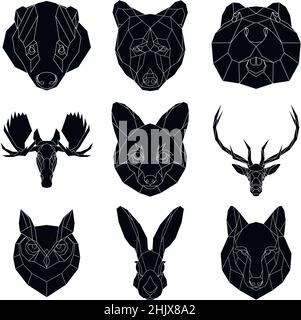 Le teste geometriche nere degli animali nordici. Set di bestie poligonali. Illustrazione vettoriale. Illustrazione Vettoriale