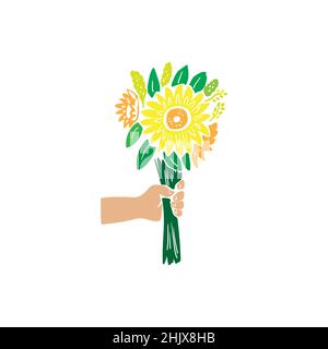 Bouquet di girasoli in mano. Illustrazione moderna isolata su sfondo bianco. Illustrazione vettoriale Stock. Illustrazione Vettoriale
