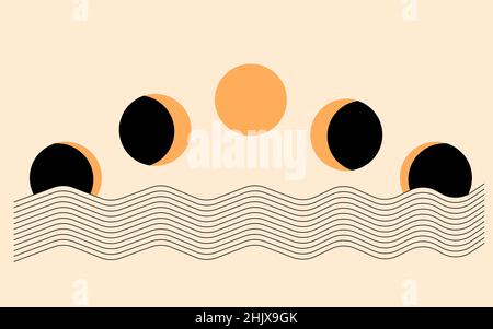 Astratto sfondo estetico contemporaneo con fasi lunari, onde geometriche. Colori nero e oro. Decorazioni boho a parete. Moderno minimalista di metà secolo Illustrazione Vettoriale