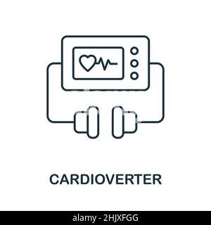 Icona del cardioversore. Elemento di linea dalla raccolta delle apparecchiature mediche. Simbolo dell'icona del cardioverter lineare per il web design, l'infografia e altro ancora. Illustrazione Vettoriale