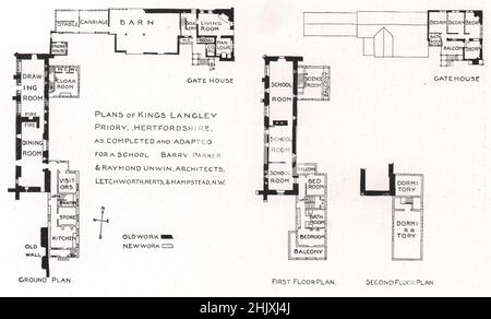 Priorato di King's Langley, Herts : prima delle modifiche - terreno, piani 1st & 2nd 1st. Hertfordshire. Barry Parker & Raymond Unwin, Architetti (1908) Foto Stock