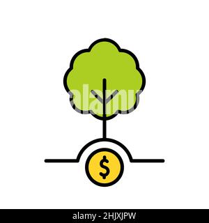 Icona del concetto di credito al carbonio. Albero con una moneta da dollaro. Idea di offset del carbonio. Riduzione delle emissioni di gas a effetto serra. Concetto di neutralità del carbonio. Vettore. Illustrazione Vettoriale