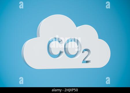 CO2 concetto. Un oggetto a forma di nuvola con la parola CO2 punzonata davanti a uno sfondo blu. Foto Stock