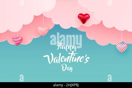 Banner di saluto Buon San Valentino.. Cuori di carta e nuvole. Illustrazione vettoriale Illustrazione Vettoriale