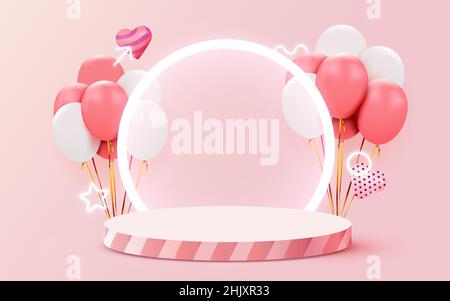 Sfondo di San Valentino con esposizione del prodotto e palloncini a forma di cuore. Illustrazione vettoriale Illustrazione Vettoriale