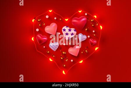 Il cuore di San Valentino con ghirlanda luminosa. Amore e concetto romantico. Illustrazione vettoriale Illustrazione Vettoriale