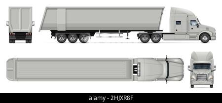 Modello vettoriale per autocarri semi-rimorchio su bianco per il branding dei veicoli, identità aziendale. Tutti gli elementi nei gruppi su livelli separati Illustrazione Vettoriale