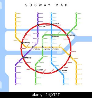 Metropolitana rotonda o metropolitana metropolitana mappa della città, vettore urbano stazione ferroviaria linee schema. Metropolitana o metropolitana e rete di trasporti pubblici pla Illustrazione Vettoriale